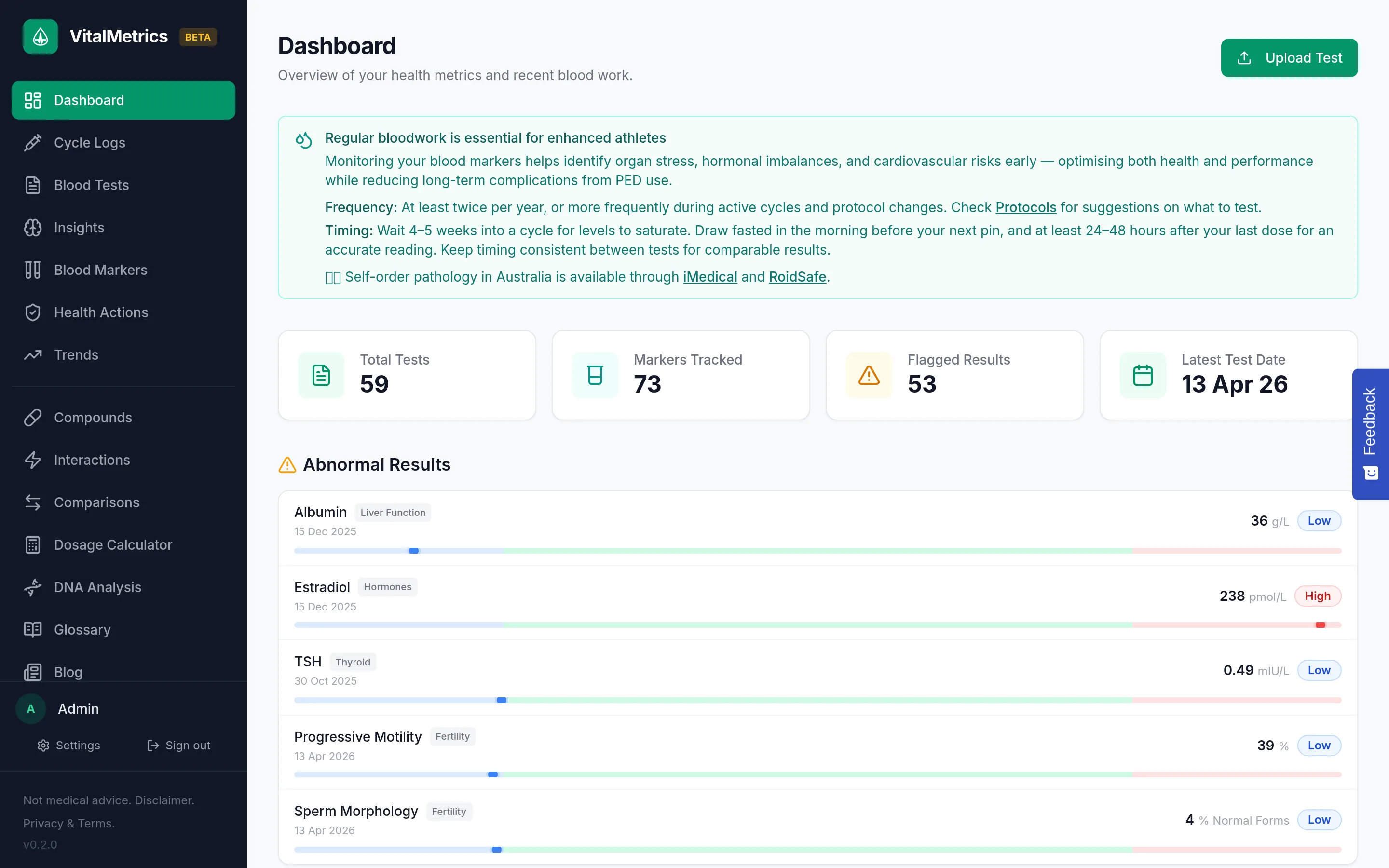 Overview of your health metrics, key markers, and trends at a glance.